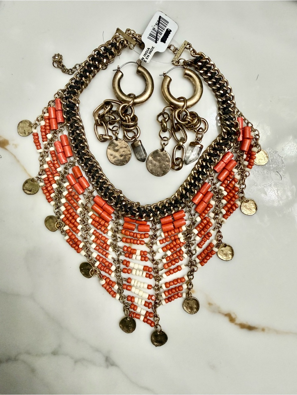 Free People set Coral and White Beaded Fringe Necklace with Gold-Tone Coins